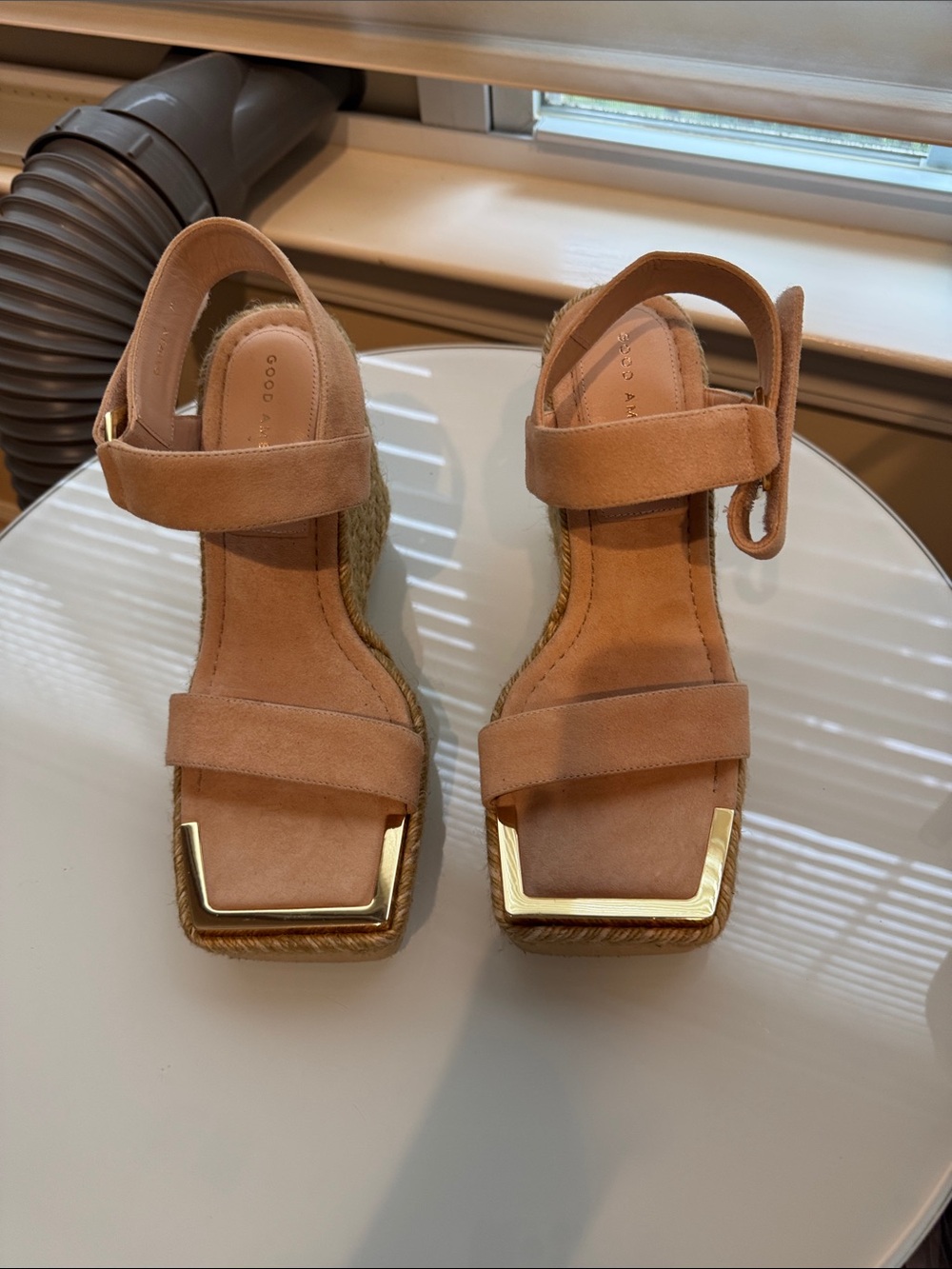 Good American Beige Suede Wedge Sandals with Gold Accent